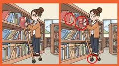 Knihovníčka v knižnici na dvoch obrázkoch s červenými vyznačenými rozdielmi