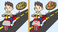 Dvojica obrázkov doručovateľa pizze na skútri s vyznačenými rozdielmi