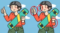 Dva obrázky chlapca so skateboardom a palcom hore s vyznačenými rozdielmi