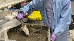 Vedec v laboratóriu meria pôdny palivový článok zapichnutý v zemi