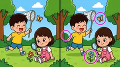 Dva takmer rovnaké obrázky detí v parku so zvýraznenými rozdielmi