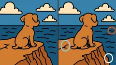 Pes sediaci na skale pri mori v dvoch takmer rovnakých obrázkoch s vyznačenými rozdielmi